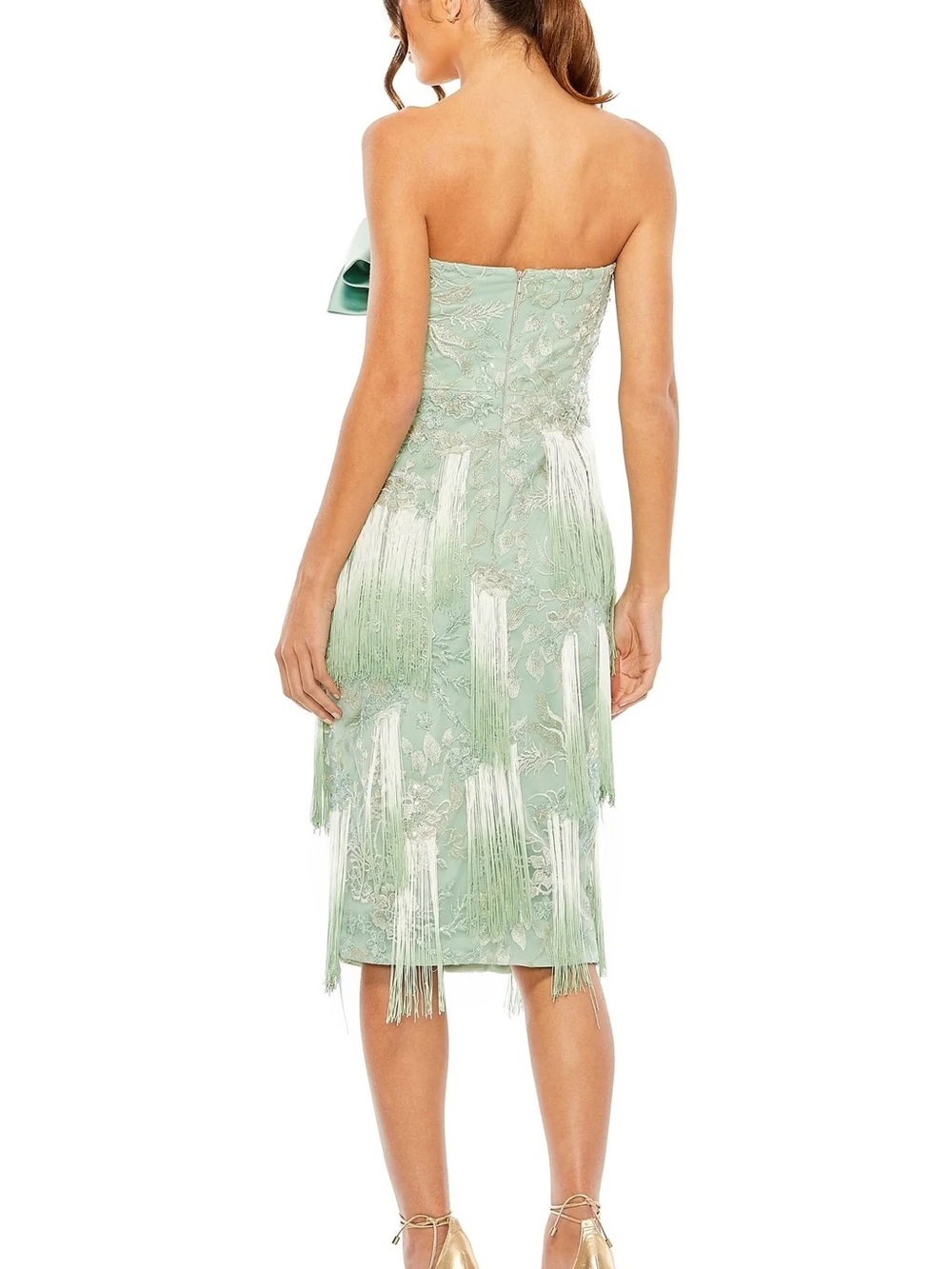 Mac Duggal Strapless Mint Green Bow-Detail Fringe Sheath Dress - Picture 2 of 11